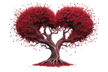A whimsical heart-shaped tree bursting with deep red leaves, set against a clean white backdrop. The branches extend outward, creating a romantic and enchanting appearance