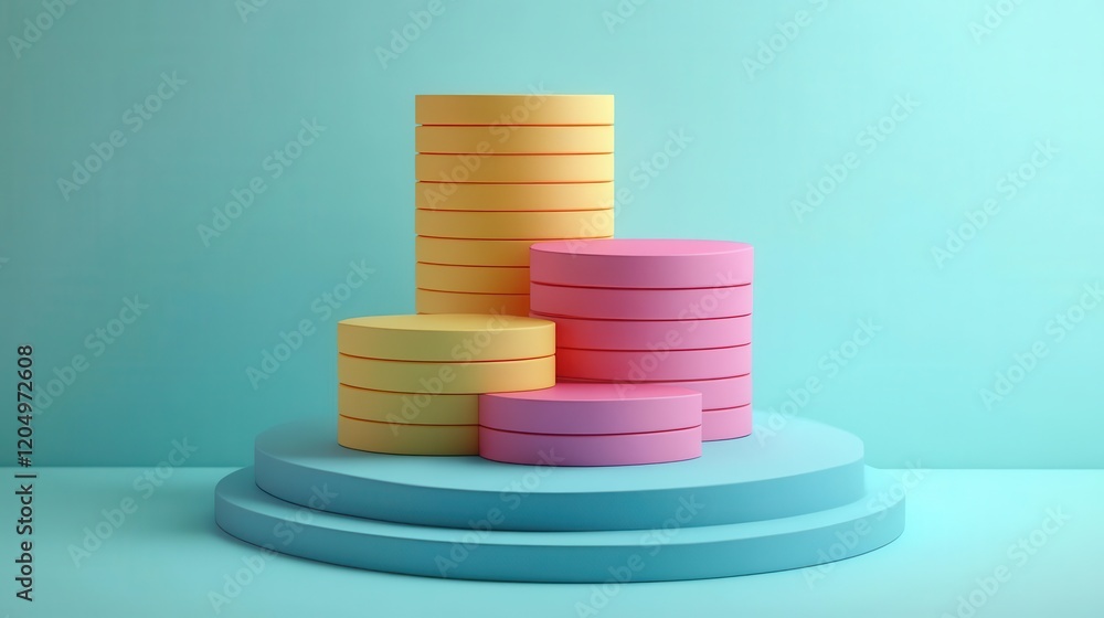 Poster colorful stacks of circular shapes arranged on a pedestal against a soft teal backdrop, creating a p