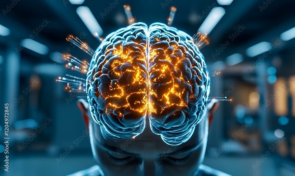 Poster human head and brain with diverse waveforms, illustrating the complexity of neurological activity an