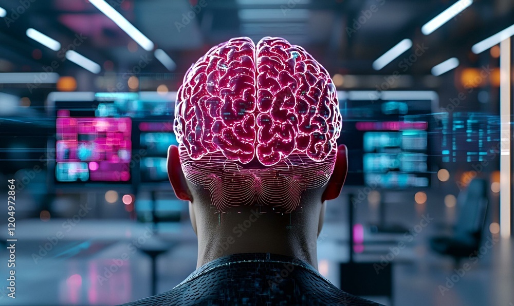 Poster human head with brain waves, an intricate visualization showcasing various brain waveforms emanating