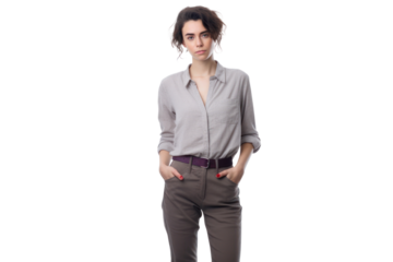 A woman standing with one leg slightly bent, pressing her hand against her hip, with a concerned look on her face, showcasing a casual indoor setting blurred in the background