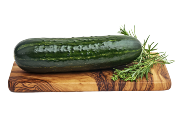 A whole cucumber with a glossy, dark green skin, resting on a wooden cutting board. The cucumber is slightly angled to reveal its cylindrical shape and smooth surface
