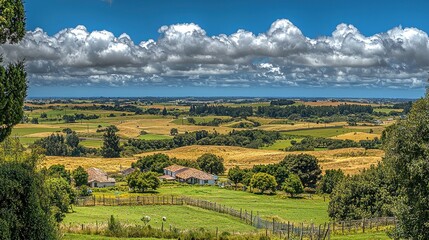 Obraz premium Rural Farmland Panoramic View, Cloudy Sky, Hilltop