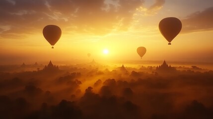Naklejka premium Hot Air Balloons Over Ancient Temples at Sunrise