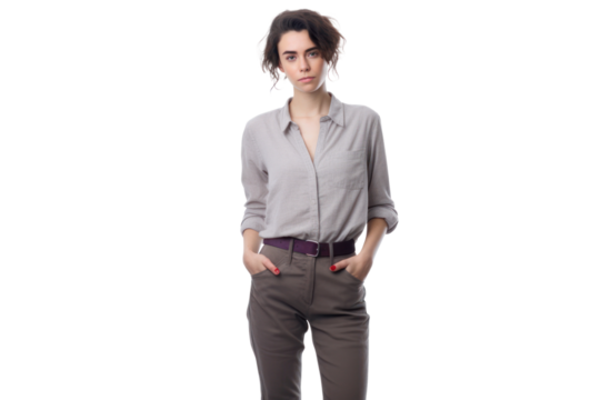 A woman standing with one leg slightly bent, pressing her hand against her hip, with a concerned look on her face, showcasing a casual indoor setting blurred in the background