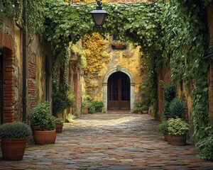 Fototapeta premium Quiet courtyard in an old city surrounded by ivy-covered walls 