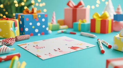 a children&acirc;&euro;&trade;s gift-wrapping station featuring colorful papers with cartoon reindeer prints, glittery bows, and markers for personalized messages, celebrating Christmas Eve Day, 