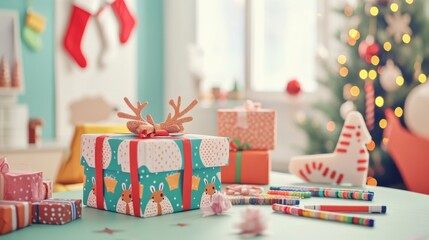 a children’s gift-wrapping station featuring colorful papers with cartoon reindeer prints, glittery bows, and markers for personalized messages, celebrating Christmas Eve Day,