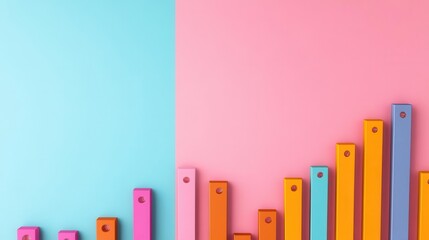 Obraz premium A vibrant bar graph in pastel colors, showcasing growth and data representation against a split background of blue and pink.