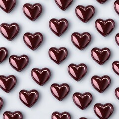 Fototapeta premium Seamless Pattern of Dark Red Chocolate Hearts on Light Grey Background