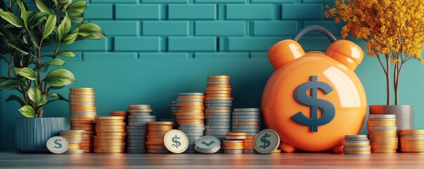 A vibrant scene featuring an orange alarm clock shaped like a piggy bank surrounded by stacks of coins and potted plants against a teal brick wall.