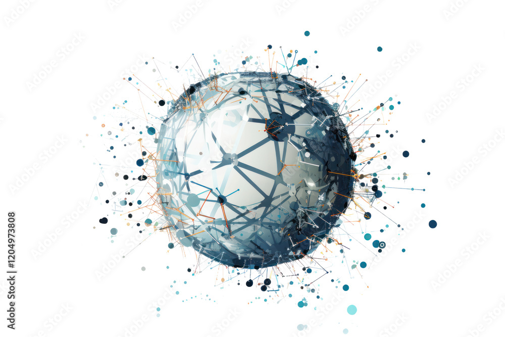 Poster abstract network lines connecting to form a globe with emerging digital tech icons, symbolizing glob