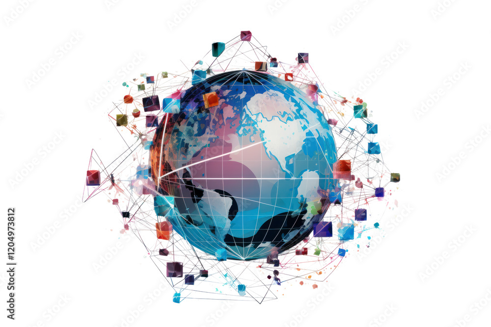 Poster abstract network lines connecting to form a globe with emerging digital tech icons, symbolizing glob