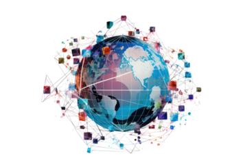 Abstract network lines connecting to form a globe with emerging digital tech icons, symbolizing global digital transformation and the next era of technological advancements