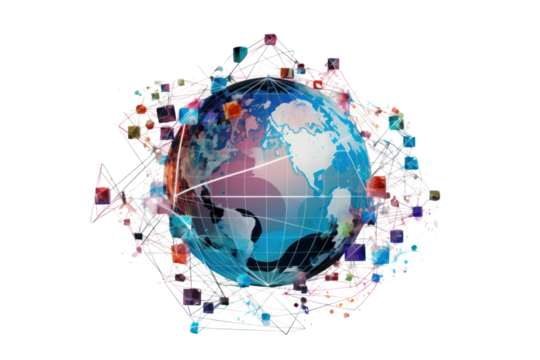 Abstract network lines connecting to form a globe with emerging digital tech icons, symbolizing global digital transformation and the next era of technological advancements