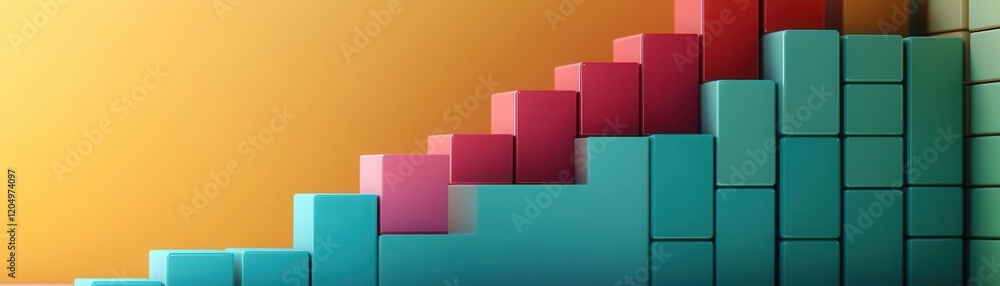 Poster a vibrant, abstract graphic showing a 3d bar chart with teal and red blocks ascending against a warm