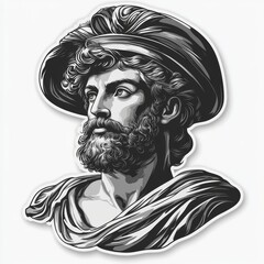 Fototapeta premium Detailed grayscale depiction of a classical man with beard and hat in sticker style