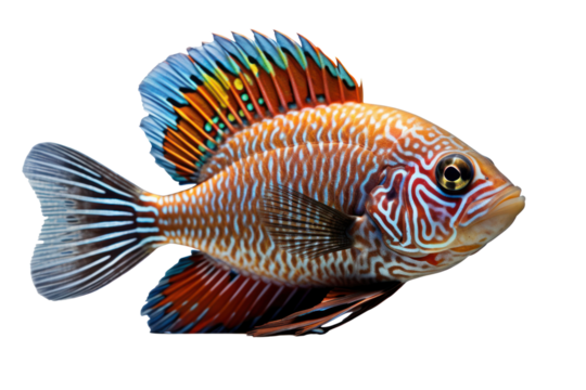 An Achilles fish resting on a sandy ocean floor, with its striking fins spread wide, displaying the intricate patterns and colors of its body.