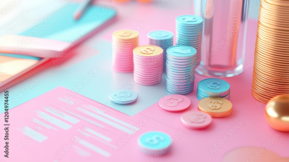 Poster a colorful arrangement of game tokens and coins on a pastel background, creating a playful and vibra