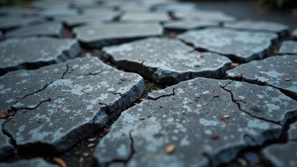 A captivating close-up of cracked, dark gray concrete with intricate patterns amid scattered brown leaves, evoking a sense of natural reclaiming.  