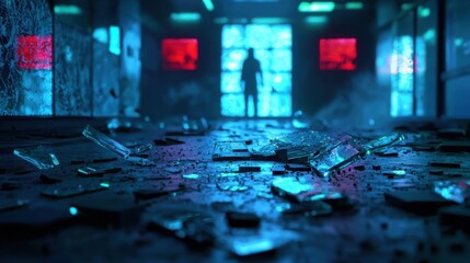 Futuristic Laboratory Experiment Gone Wrong in a Dark Broken Setting with Shattered Glass