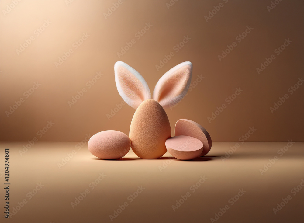 Poster a pastel-colored easter egg transforms into a bunny with attached ears, accompanied by two additiona