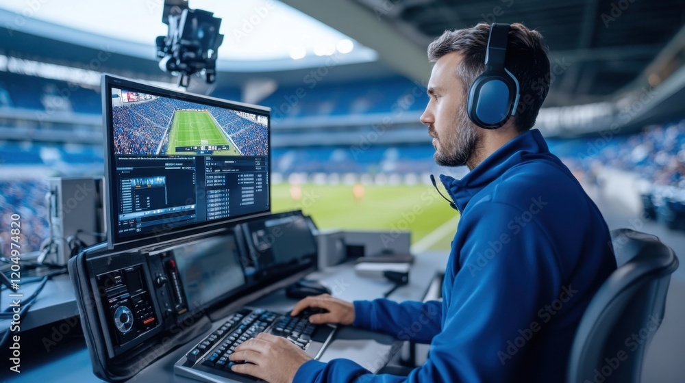 Fototapete sports technology analyst working at stadium with computer during live game for data processing and 