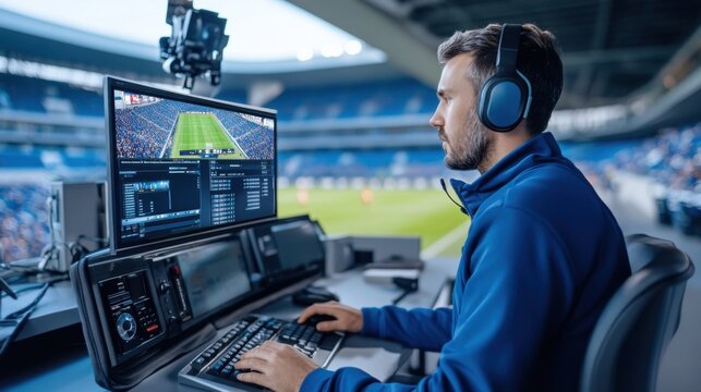 Sports Technology Analyst Working at Stadium with Computer During Live Game for Data Processing and Strategy