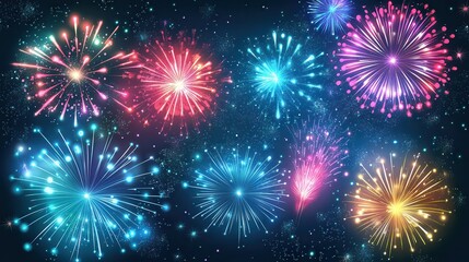 Fototapeta premium Colorful fireworks on night sky background. Celebration and holidays concept. Independence Day 4th of July, New Year, festival. Bright explosions of lights in sky. Place for your text.