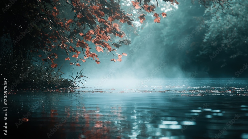 Poster a tree with leaves on it is reflected in the water. generative ai