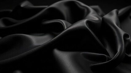 Fototapeta premium Lustrous black satin glistens with smooth, silky folds against a stark black backdrop, highlighting intricate textures and subtle sheen