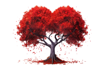 An artistic representation of a heart-shaped tree with rich crimson leaves, showcasing a smooth, curved silhouette. The tree stands tall with a well-defined trunk