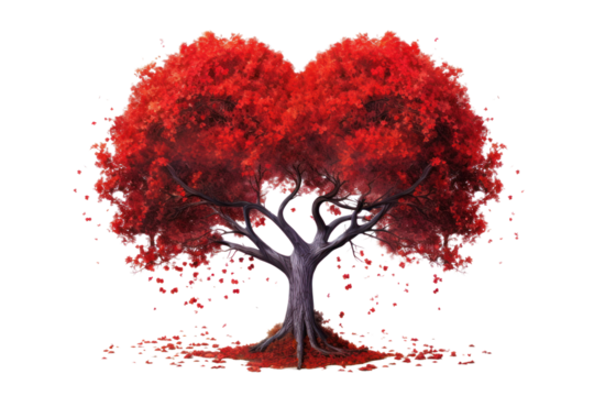 An artistic representation of a heart-shaped tree with rich crimson leaves, showcasing a smooth, curved silhouette. The tree stands tall with a well-defined trunk