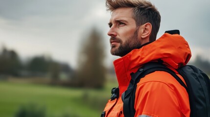 Naklejka premium Thoughtful man in bright orange weatherproof jacket gazes into the distance during an outdoor adventure