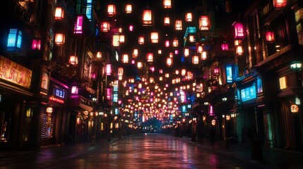 Illuminated Asian Street Night Scene with Lanterns
