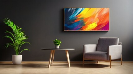 Modern Living Room Interior with Abstract Painting, Armchair, and Plants