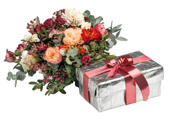 An elegant gift box wrapped in silver paper with a red ribbon, placed alongside a bouquet of flowers, creating a sophisticated present display.