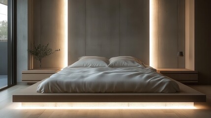 A bed with a white sheet and a vase of flowers on a nightstand