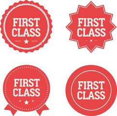 set off vector illustration distinct red badges, each with the text "first class" 