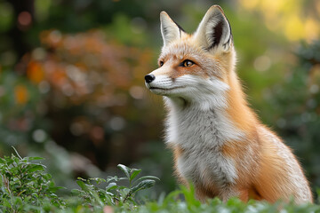 Fototapeta premium Red Fox Alert in Autumnal Woodland Setting