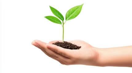 A hand gently holds a small plant with two green leaves, symbolizing growth, care, and environmental sustainability.