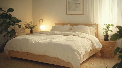 A bedroom with a white bed, a lamp, and a potted plant
