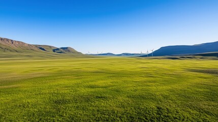 Obraz premium A vast green landscape under a clear blue sky, featuring rolling hills and distant mountains.