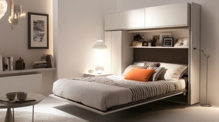 A white bed with a pillow and a lamp on it