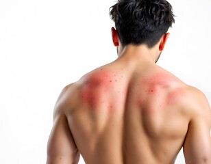Fototapeta premium Man's Back with Sunburn, Red Skin Irritation, Healthcare, Dermatology, Treatment, Medical, Pain, Discomfort, Symptoms, Reaction, Allergy, Rash, Inflammation, Care, Remedy