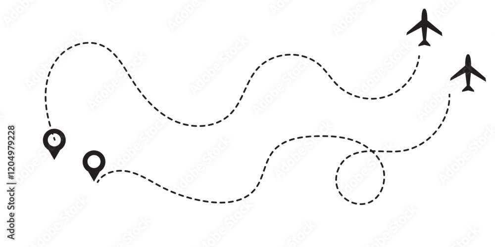 Poster airplane line path vector icon set of air plane flight route with start point and dash line trace. p