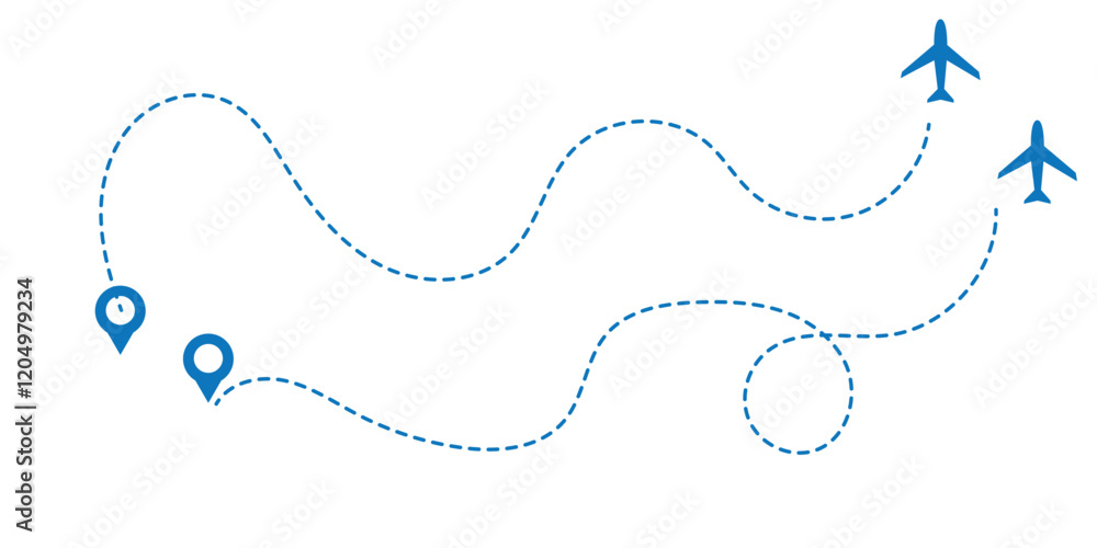 Poster airplane line path vector icon set of air plane flight route with start point and dash line trace. p