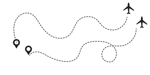 Airplane line path vector icon set of air plane flight route with start point and dash line trace. Plane vector icon and dotted line airplane path