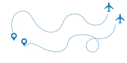 Airplane line path vector icon set of air plane flight route with start point and dash line trace. Plane vector icon and dotted line airplane path