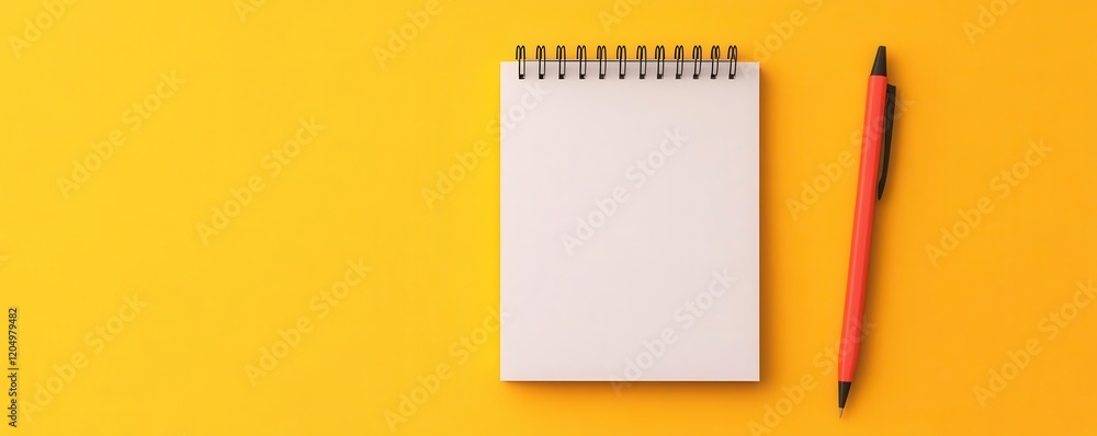 Poster a blank notepad with a spiral binding and a red pen, set against a bright yellow background.